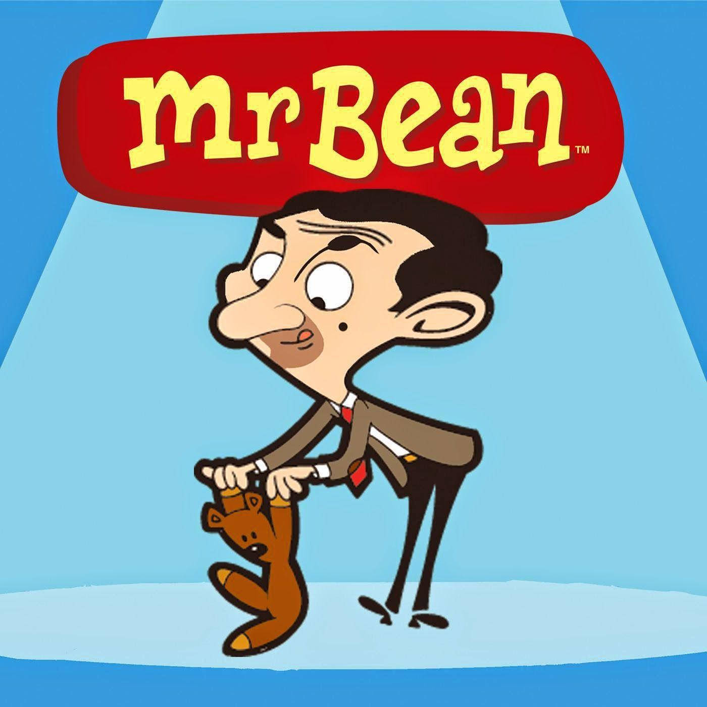 Mr Bean 卡通角色在聚光燈下抱著一隻泰迪熊。