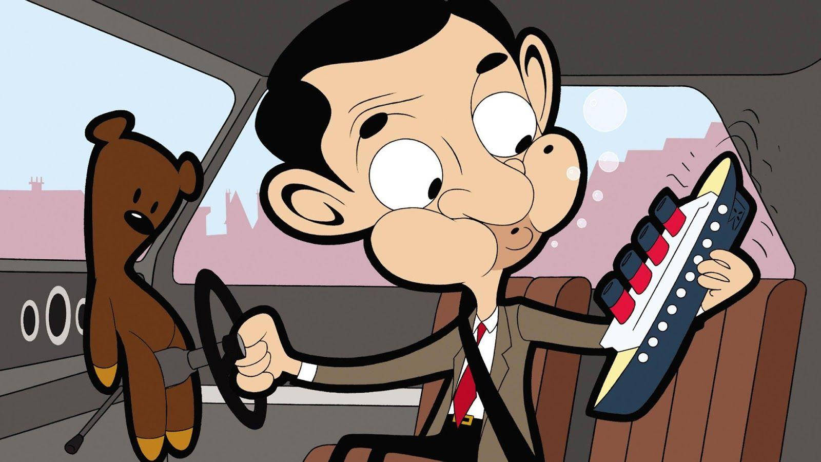Mr Bean 駕駛一輛汽車，有一隻泰迪熊拿著玩具船。