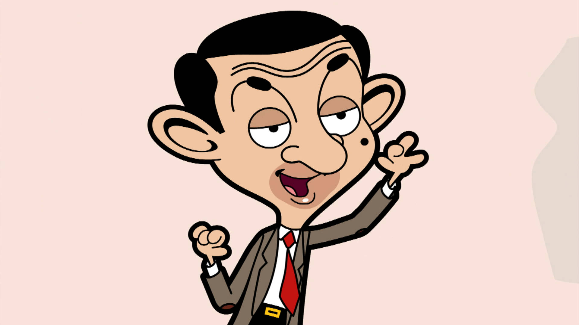 憨豆先生卡通粉紅背景 壁紙 — 卡通人物 Mr Bean 身穿西裝和紅色領帶，在柔和的粉紅色背景前擺出俏皮的姿勢。