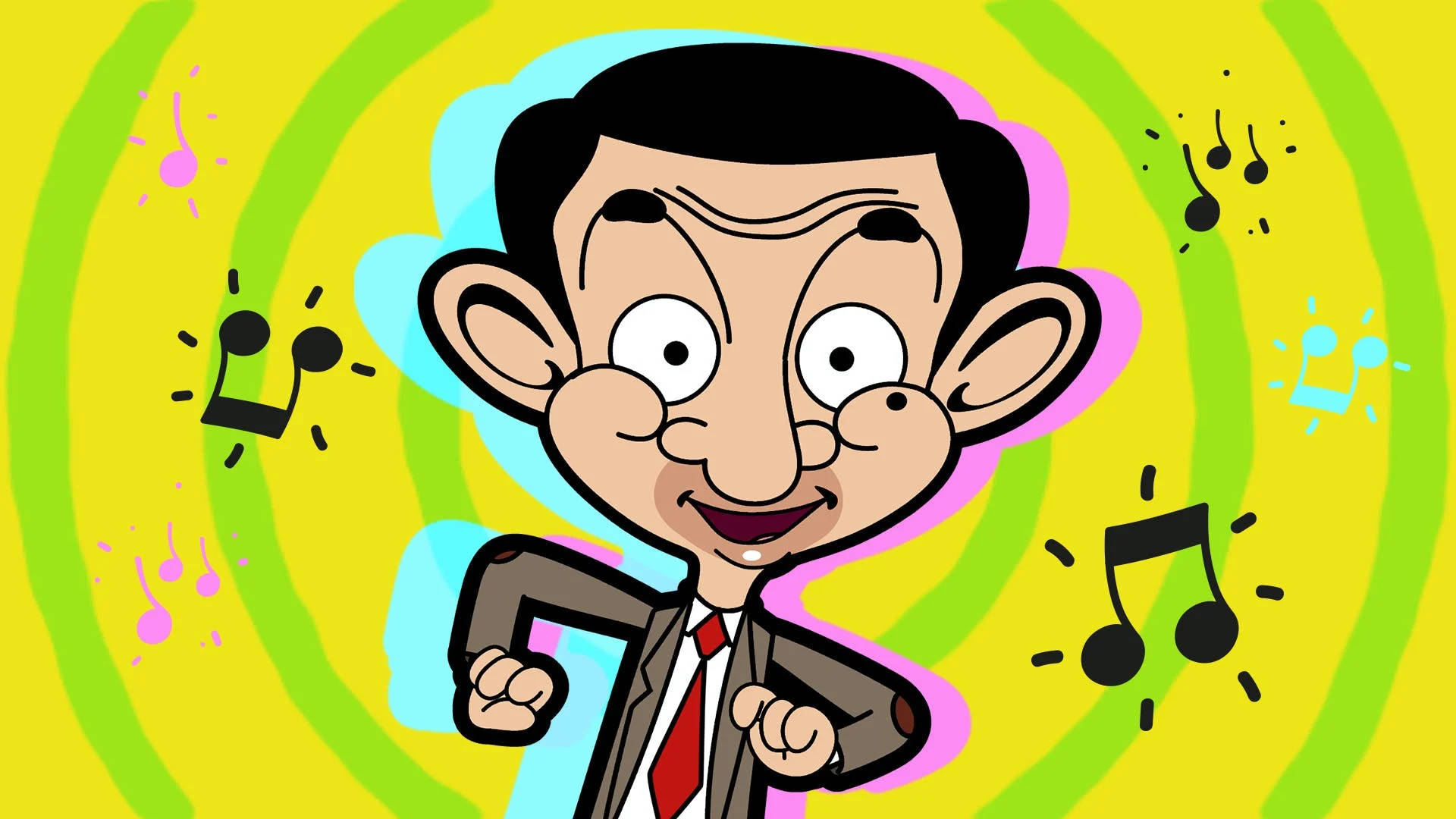 憨豆先生卡通音樂背景 壁紙 — Mr Bean 卡通角色在鮮豔的黃色和綠色背景前，伴隨著圍繞他旋轉的音樂符號快樂地跳舞。