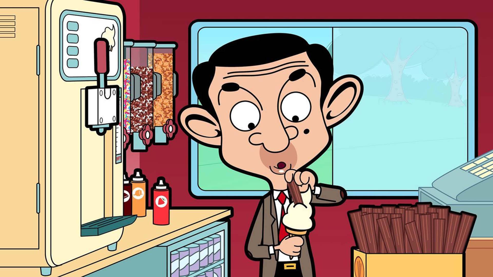 憨豆先生在冰淇淋車內 壁紙 — Mr Bean 在卡通雪糕店裡拿著一個有朱古力棒的雪糕筒，表情驚訝。
