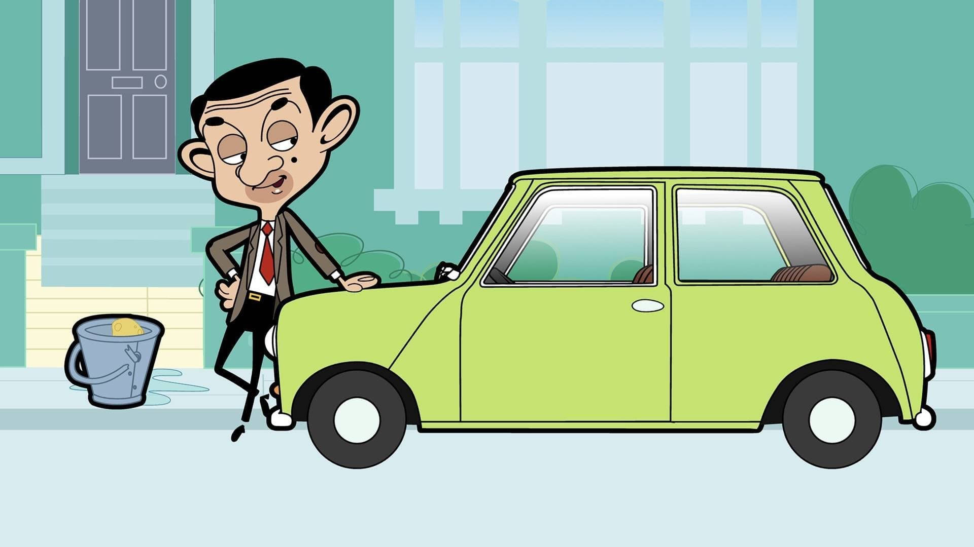 憨豆先生為艾瑪準備的車 壁紙 — Mr Bean 企喺一架青檸綠色嘅Mini Cooper旁邊，附近有個裝住肥皂水嘅水桶，係一幅卡通插圖。