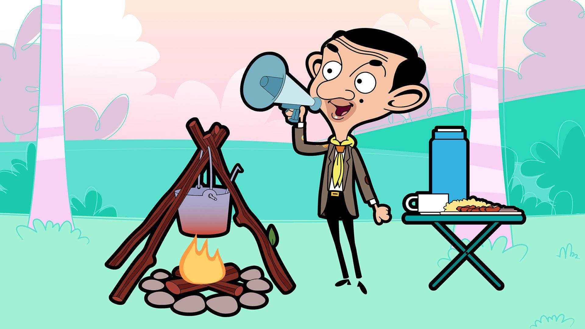 Mr Bean 喺營火附近對住大聲公大叫，枱上有食物。