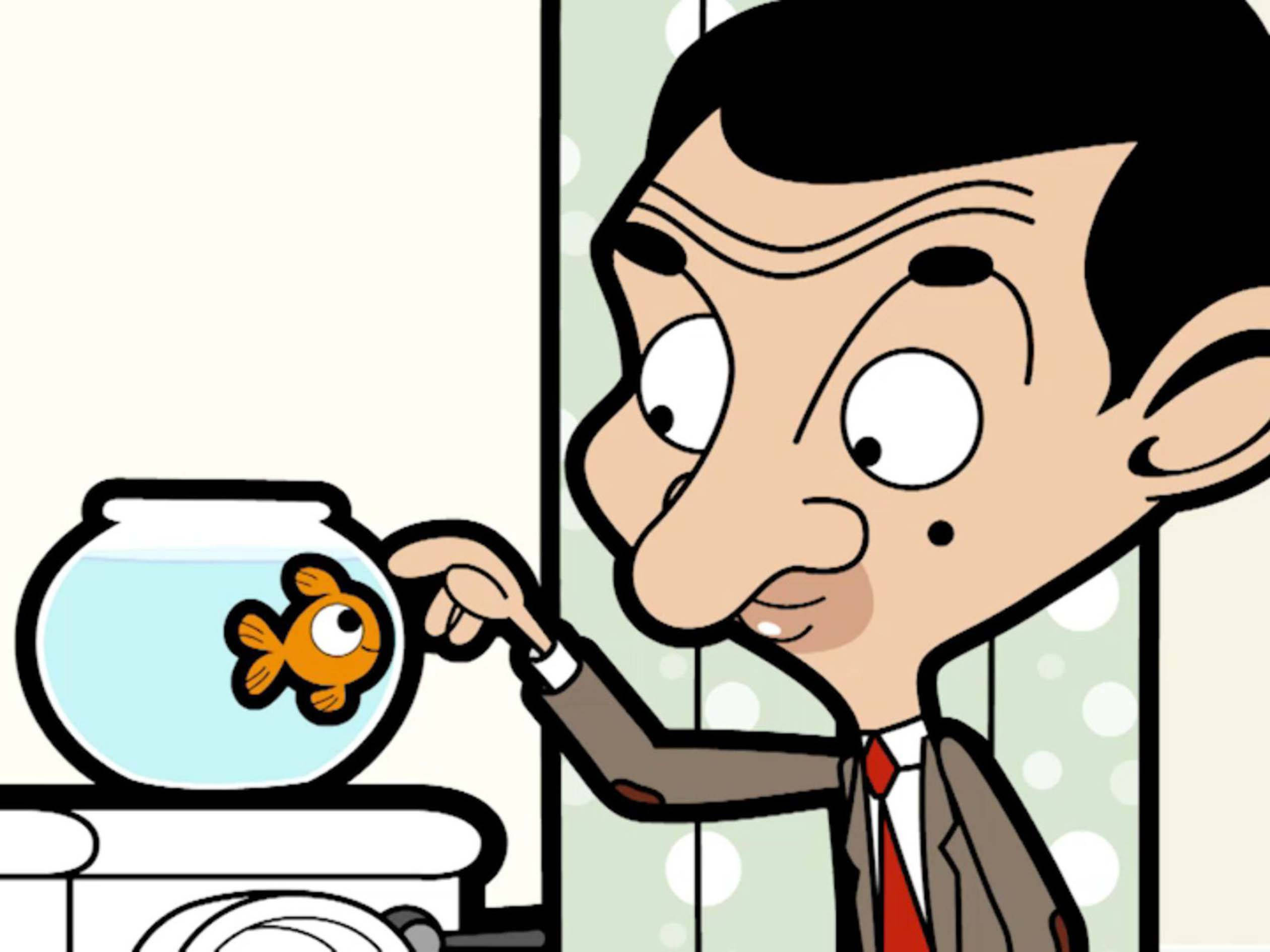 憨豆先生與金魚 壁紙 — Mr Bean 以卡通風格指著圓碗中的金魚，表情驚訝。