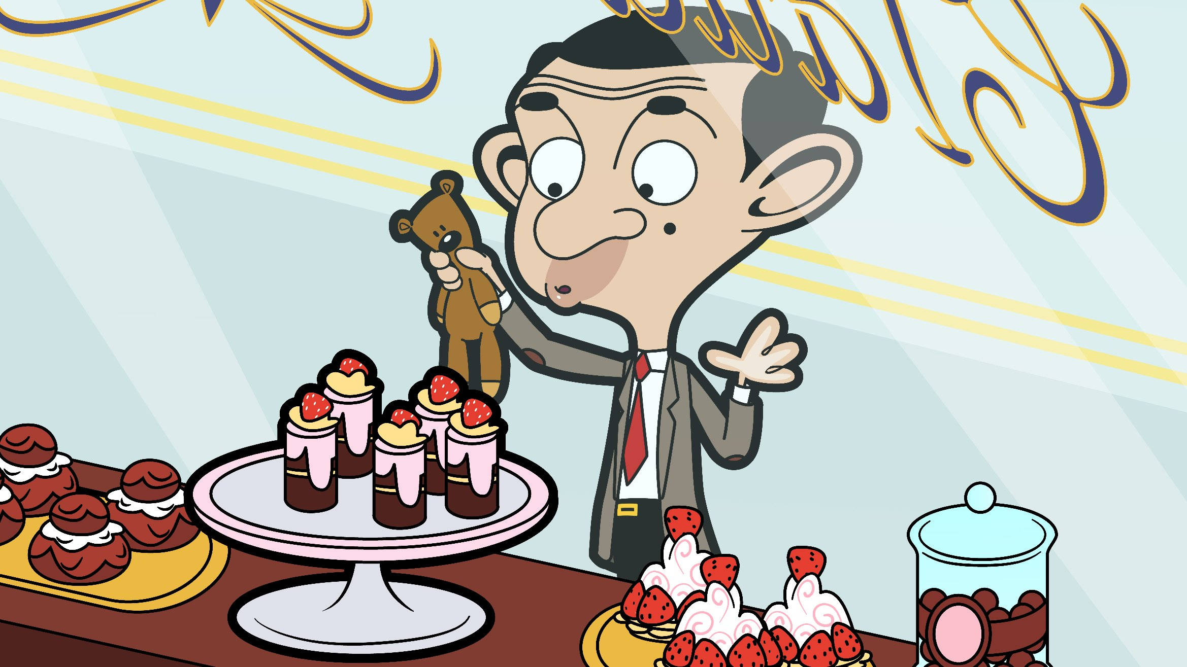 憨豆先生蛋糕場景 壁紙 — Mr Bean 喺卡通麵包店場景中，喺放滿草莓甜品嘅枱旁邊攬住一隻泰迪熊。
