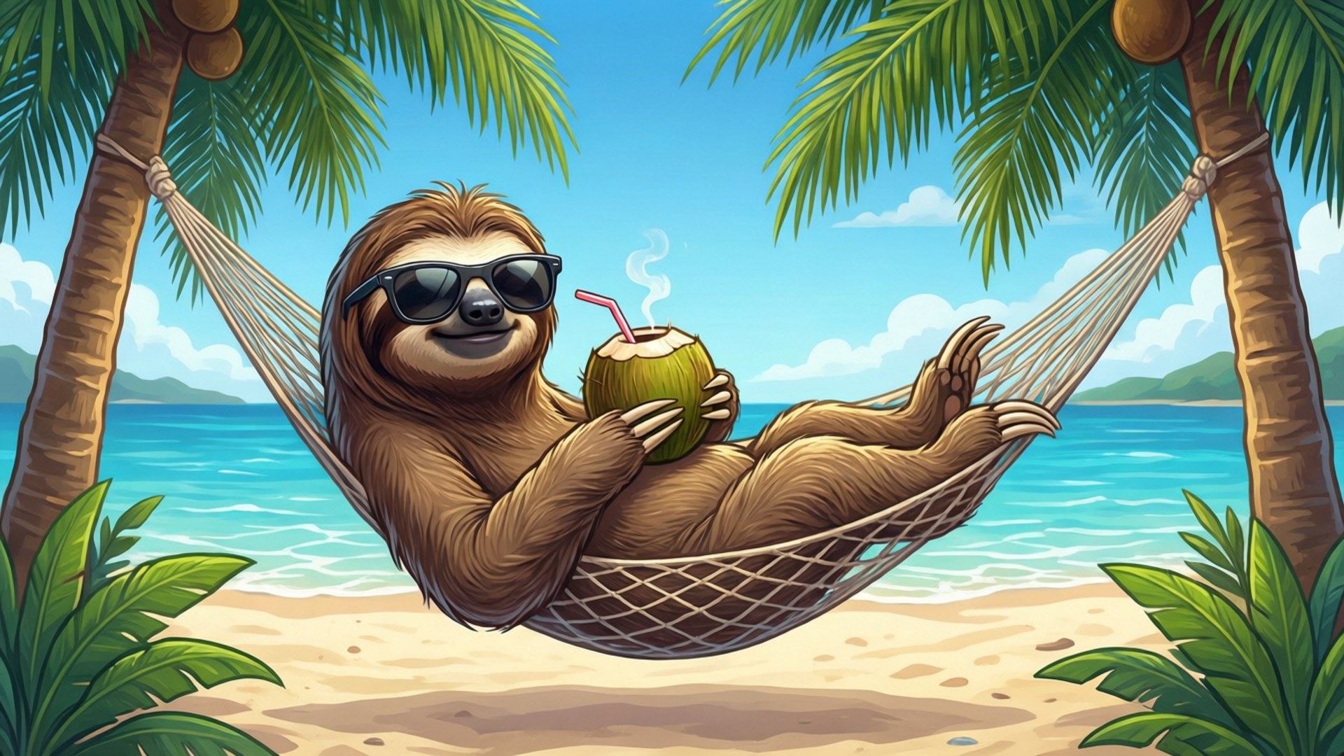 戴太陽眼鏡的樹懶在海灘棕櫚樹之間的吊床上啜飲椰子。