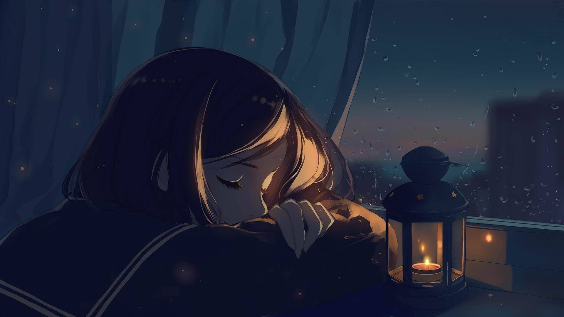 動漫女孩在雨夜中靠窗伴燈籠入睡