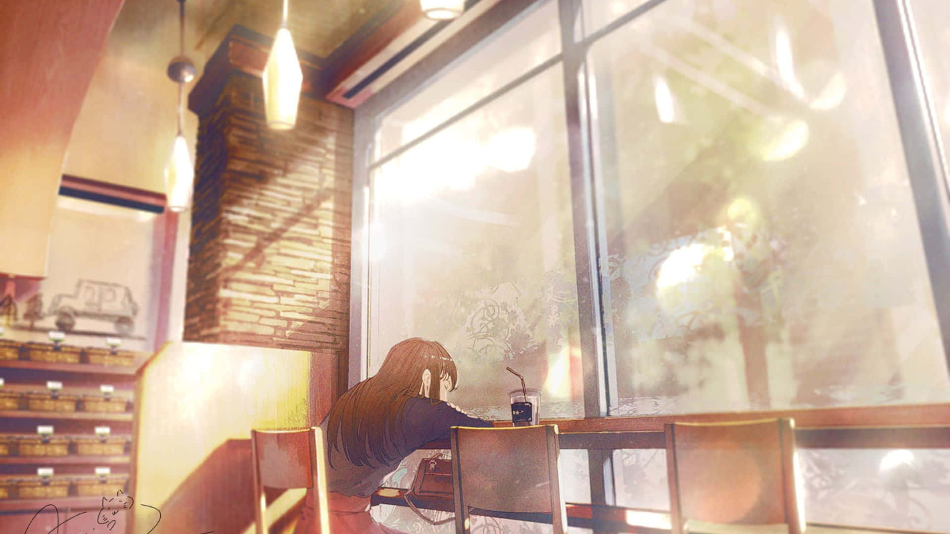 懶散動漫少女咖啡廳背景 壁紙 — 一個孤獨的動漫女孩，長長嘅棕色頭髮，坐喺咖啡店嘅枱邊，喺陽光普照嘅窗邊，啜飲緊一杯飲品，溫暖嘅光線灑滿舒適嘅室內。
