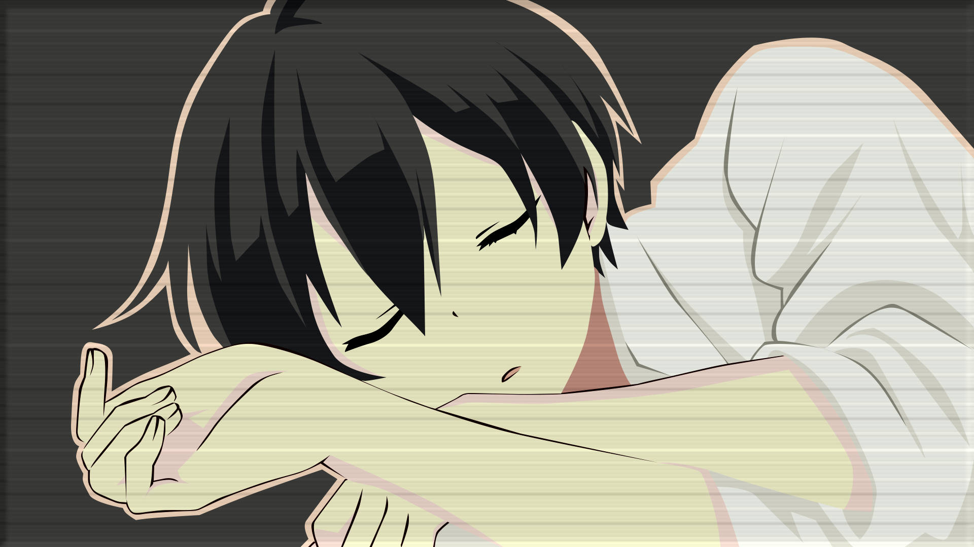 懶散動漫男孩田中君 壁紙 — 黑髮動漫角色穿著白色襯衫，蜷縮在條紋背景前安詳地睡著。