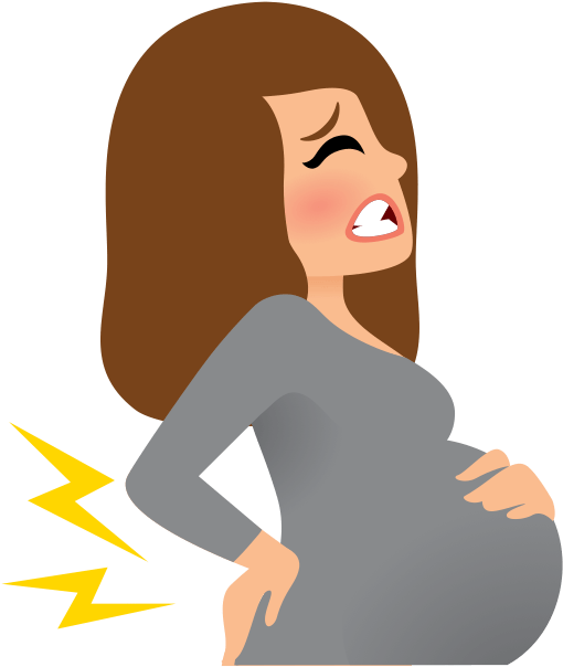 懷孕婦女背痛插畫 壁紙 — 一位棕色頭髮的卡通女性因疼痛而扭曲表情，同時抓著懷孕的肚子，並有一個黃色閃電符號象徵不適。