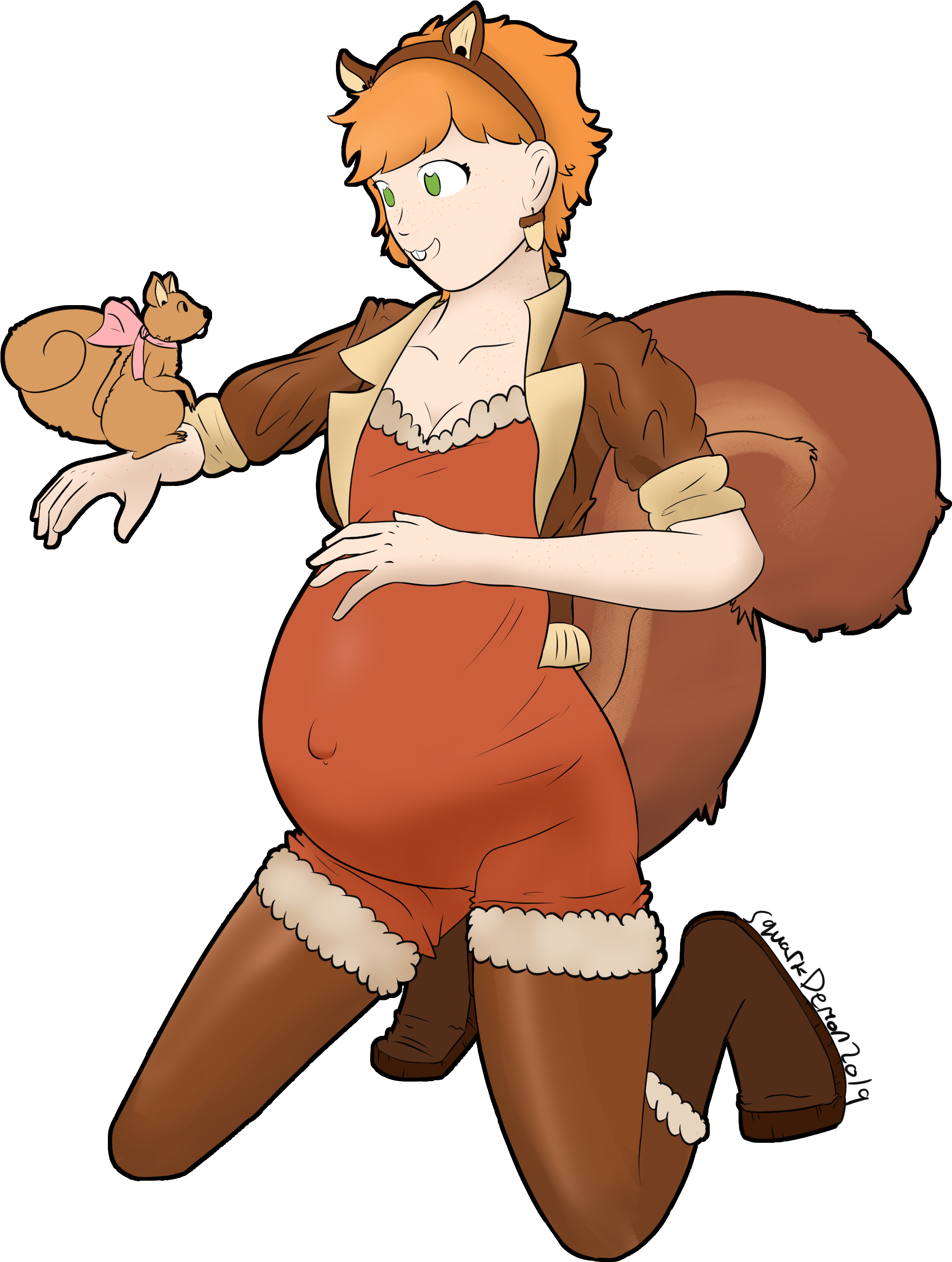 懷孕的擬人化狐狸與松鼠 壁紙 — 一位懷孕的擬人化松鼠女性，身穿棕色毛皮服裝，跪著抱著一隻帶有粉紅色蝴蝶結的小松鼠。