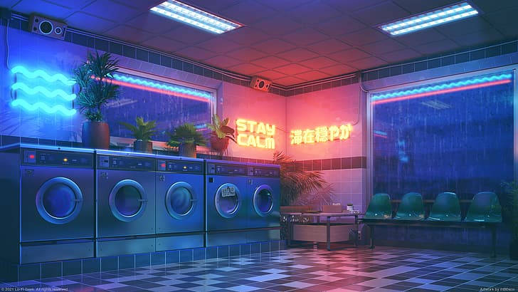 霓虹燈照亮的洗衣店，配有復古洗衣機和棋盤格地板。