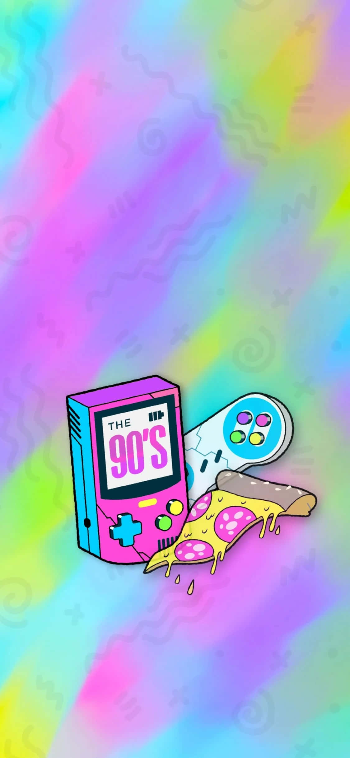 懷舊90年代復古背景 壁紙 — 一個充滿活力的卡通 Game Boy，屏幕上顯示「THE 90'S」，旁邊有一塊滴著汁的薄餅，背景是彩虹漸變色。