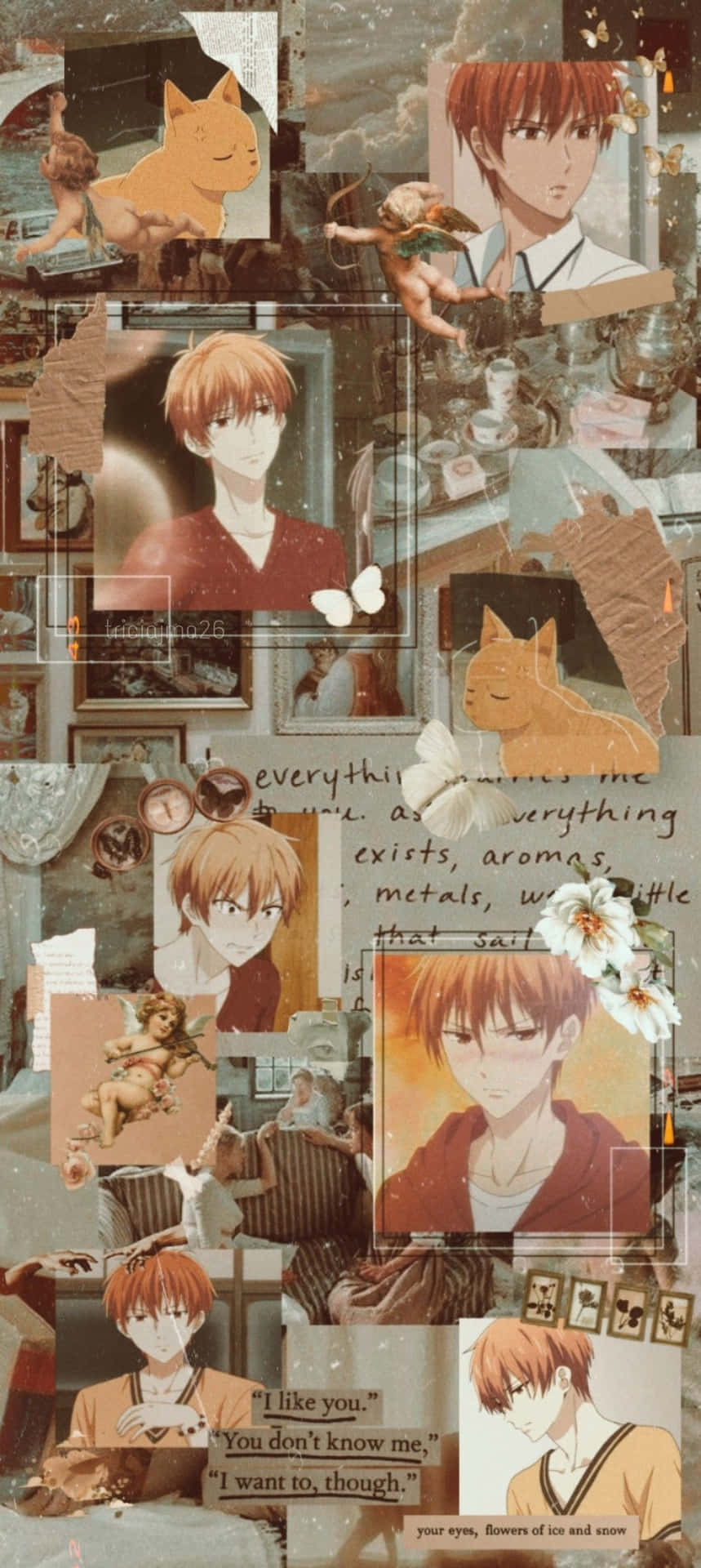 Kyo Sohma 桌布 壁紙 — 懷舊動漫拼貼畫，以紅髮男性角色為主，採用暖色調，搭配花卉和復古元素。