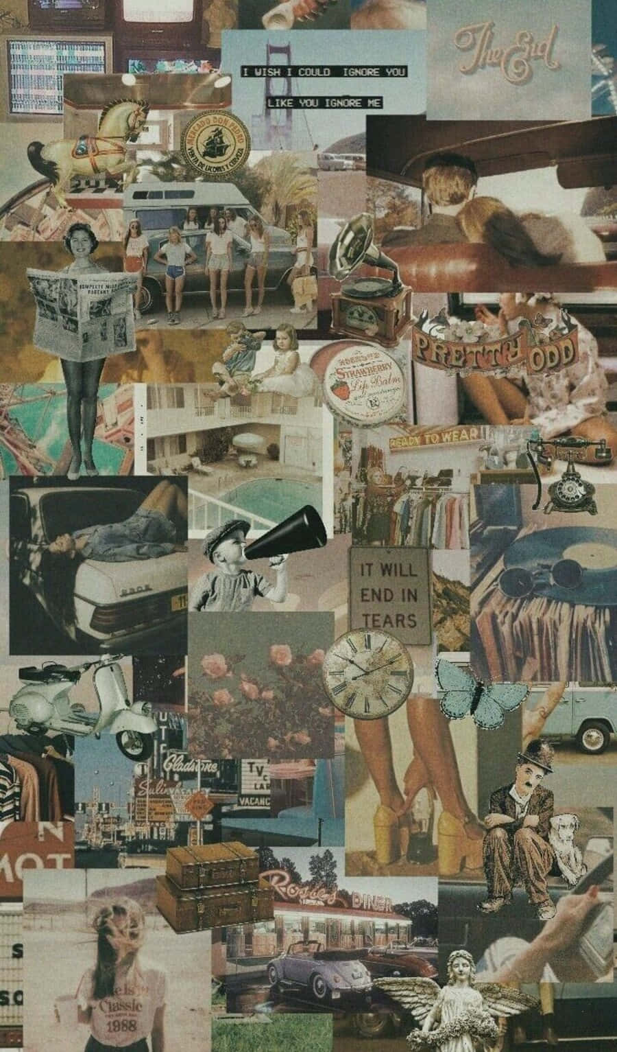 90's Vintage Retro Aesthetic 桌布 壁紙 — 懷舊復古照片拼貼，以暖色調呈現復古汽車、舊電視、打字機和褪色文字片段。