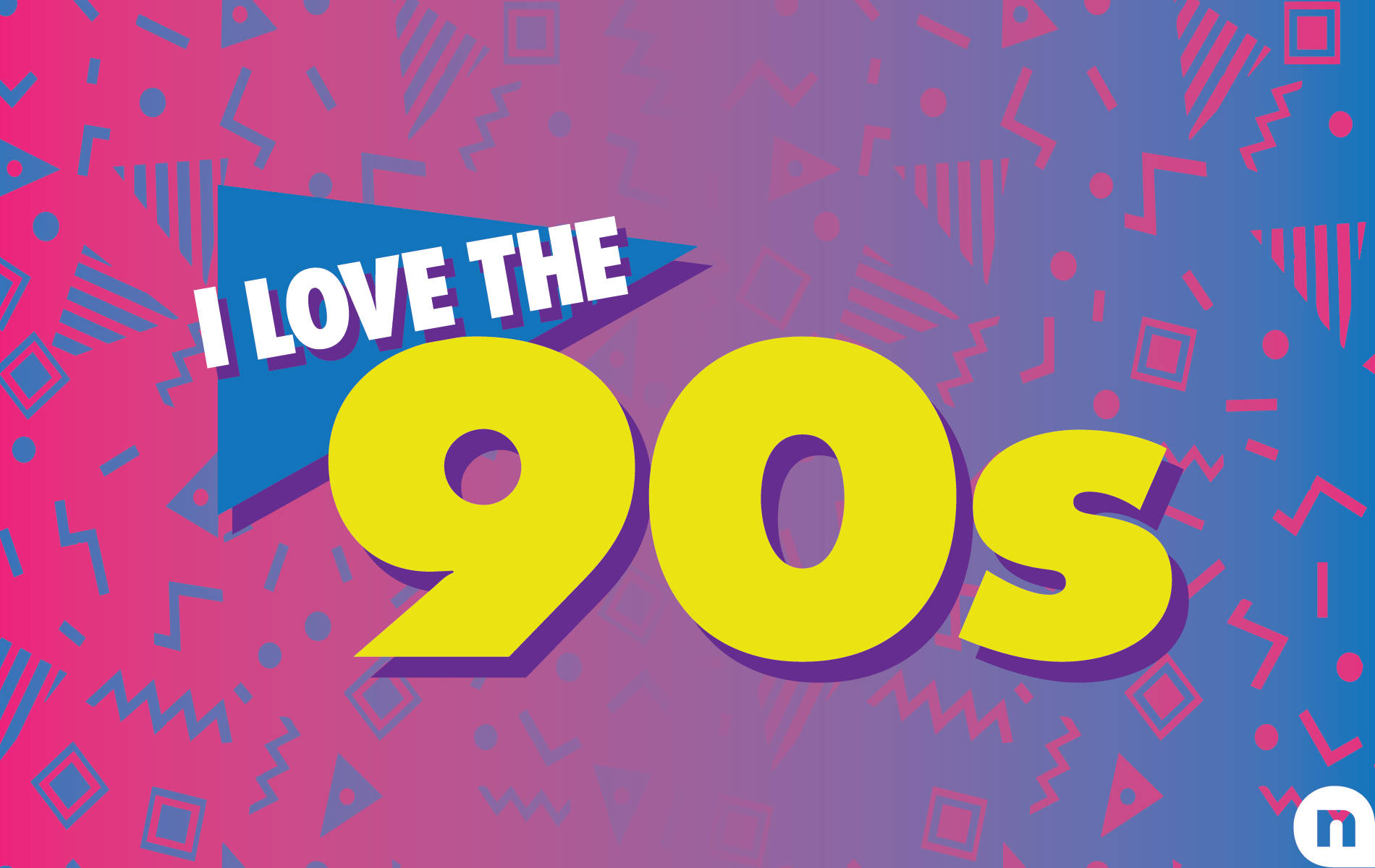 粗體黃色文字「I LOVE THE 90s」在帶有幾何圖案的粉藍漸變背景上。