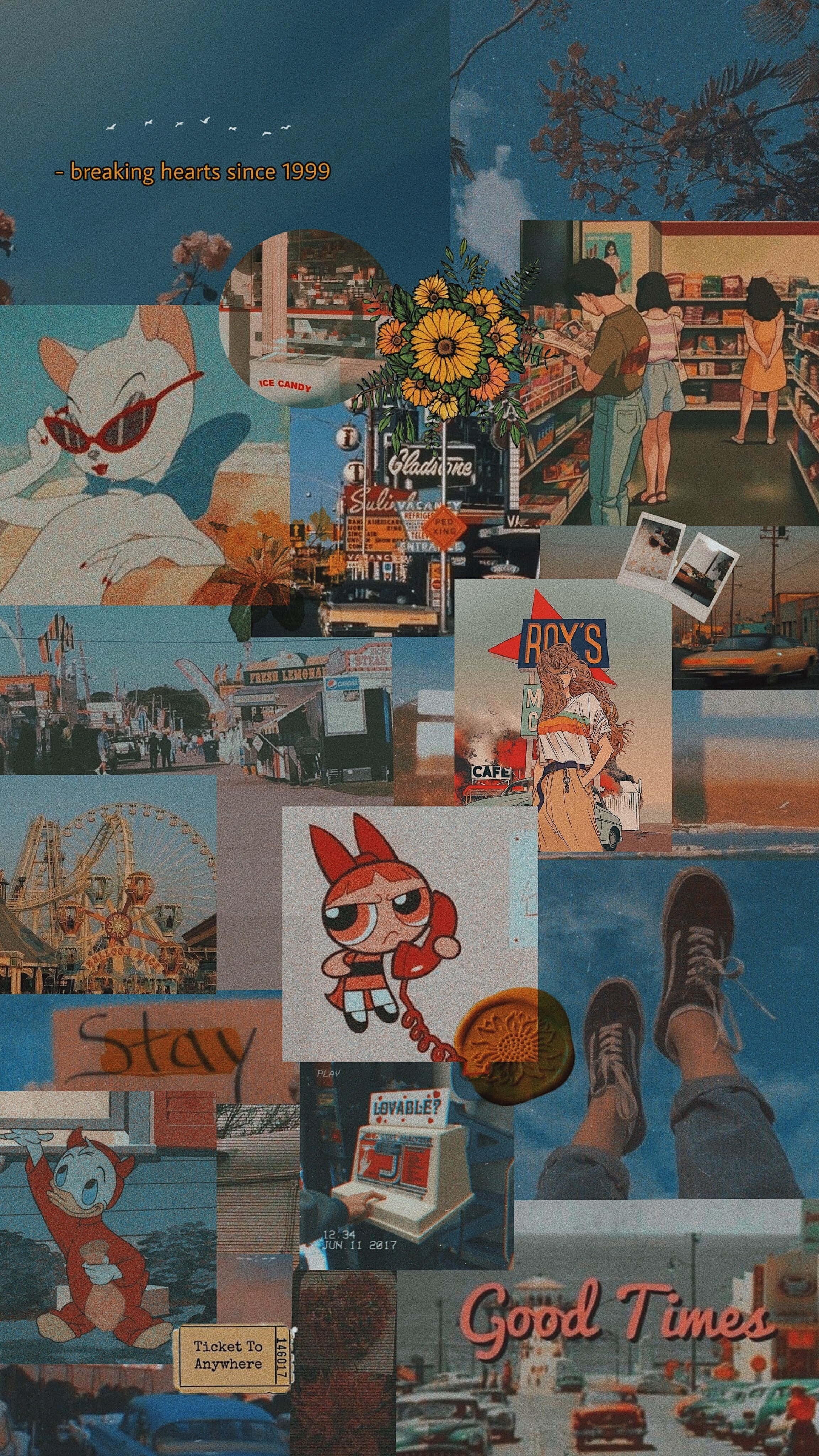 Vintage Cartoon Aesthetic 桌布 壁紙 — 懷舊的復古場景拼貼，包括卡通貓、書店、摩天輪和飛天小女警，喚起90年代的流行文化。