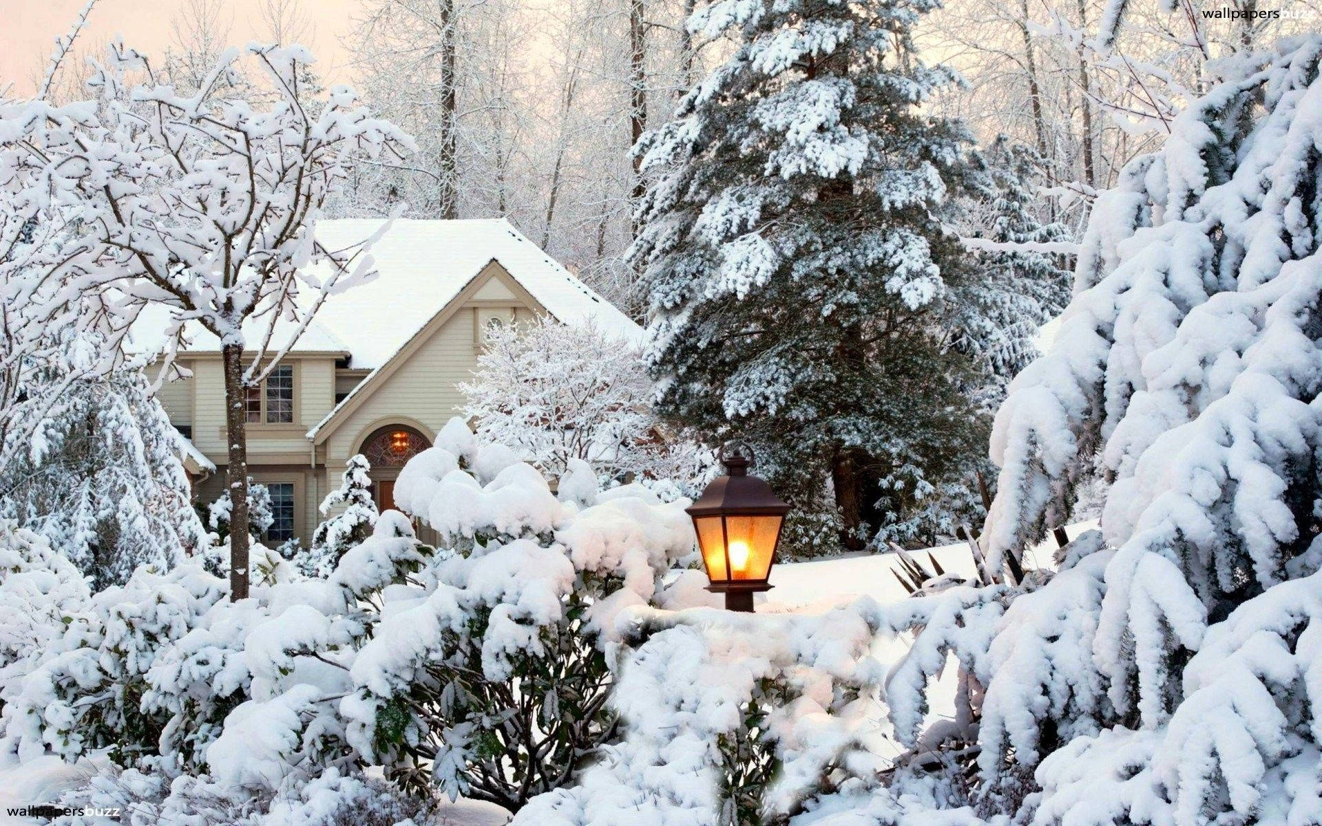 冬季夜晚雪覆蓋的小屋與發光的燈籠