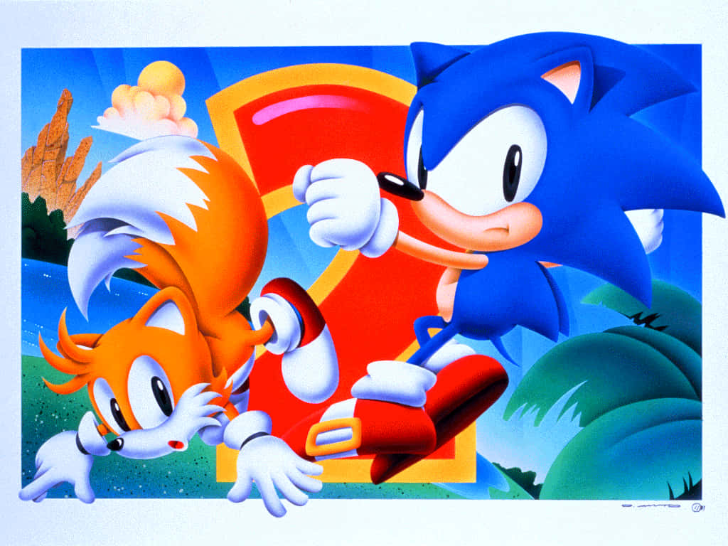 Sonic 同 Tails 喺叢林入面飛馳，身後有個紅色護盾。