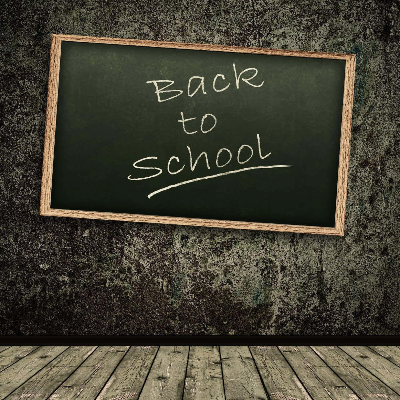 黑板上有「Back to School」，背景為有紋理的牆壁和木地板。