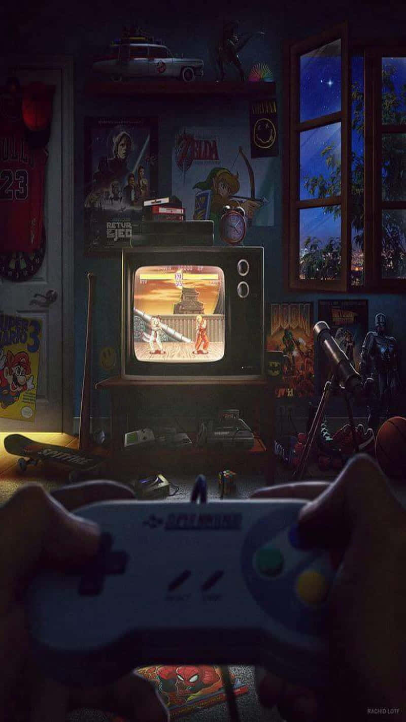夜晚在雜亂的復古遊戲室中，雙手握著GameCube手掣。