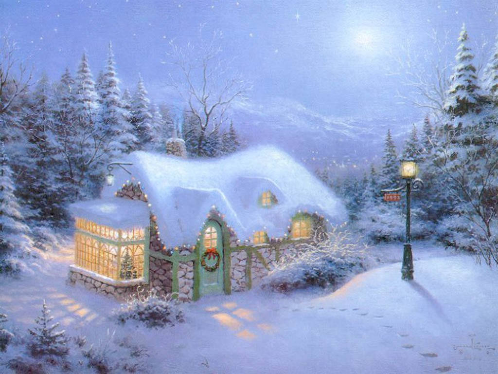 舒適的雪覆蓋小屋在冬夜天空下溫暖地發光，與松樹相伴