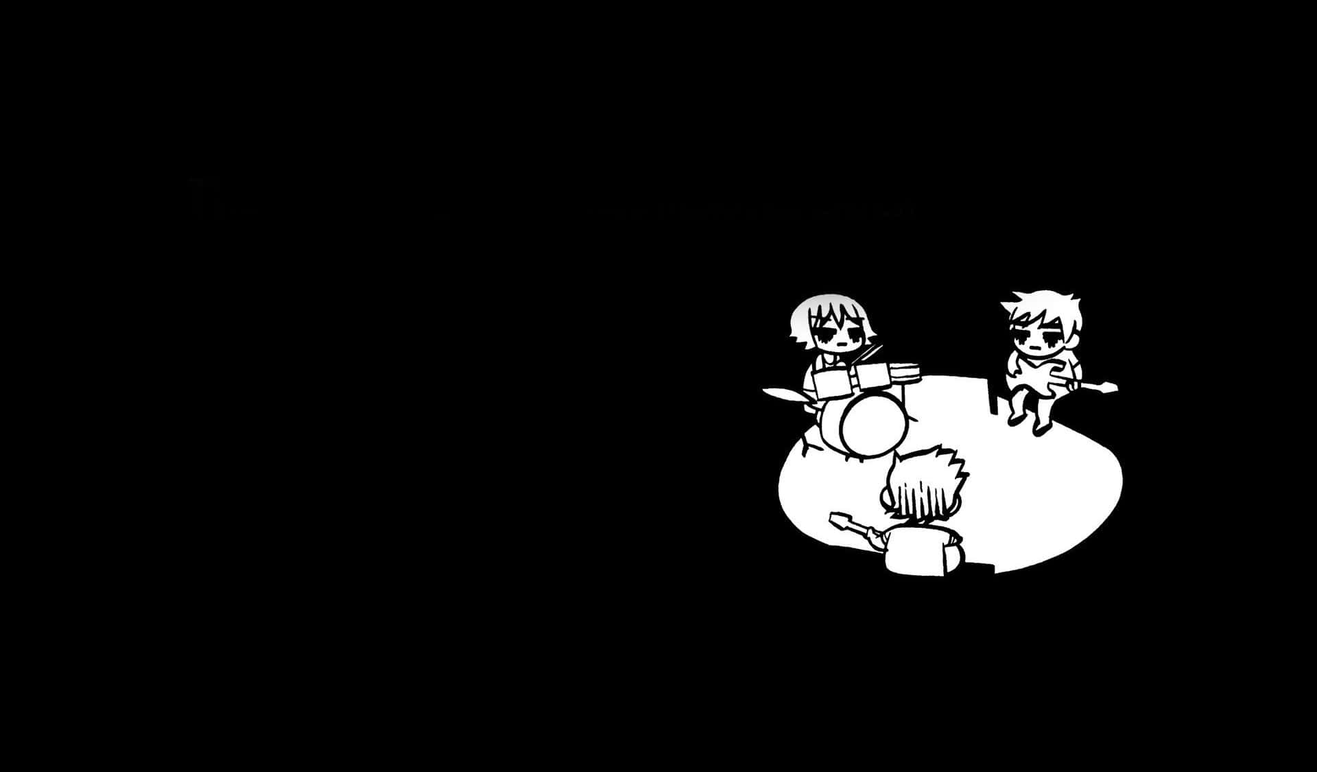 三個卡通小孩在聚光燈下演奏音樂。