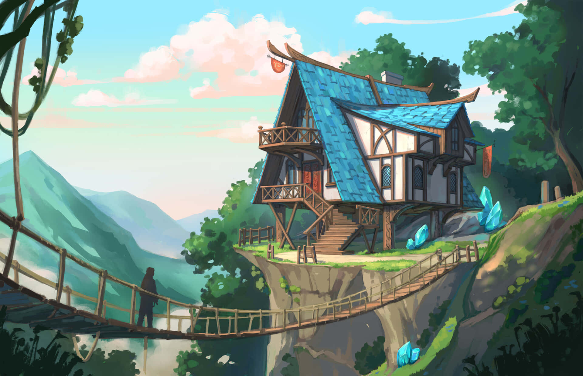 懸崖上的小屋與橋樑 壁紙