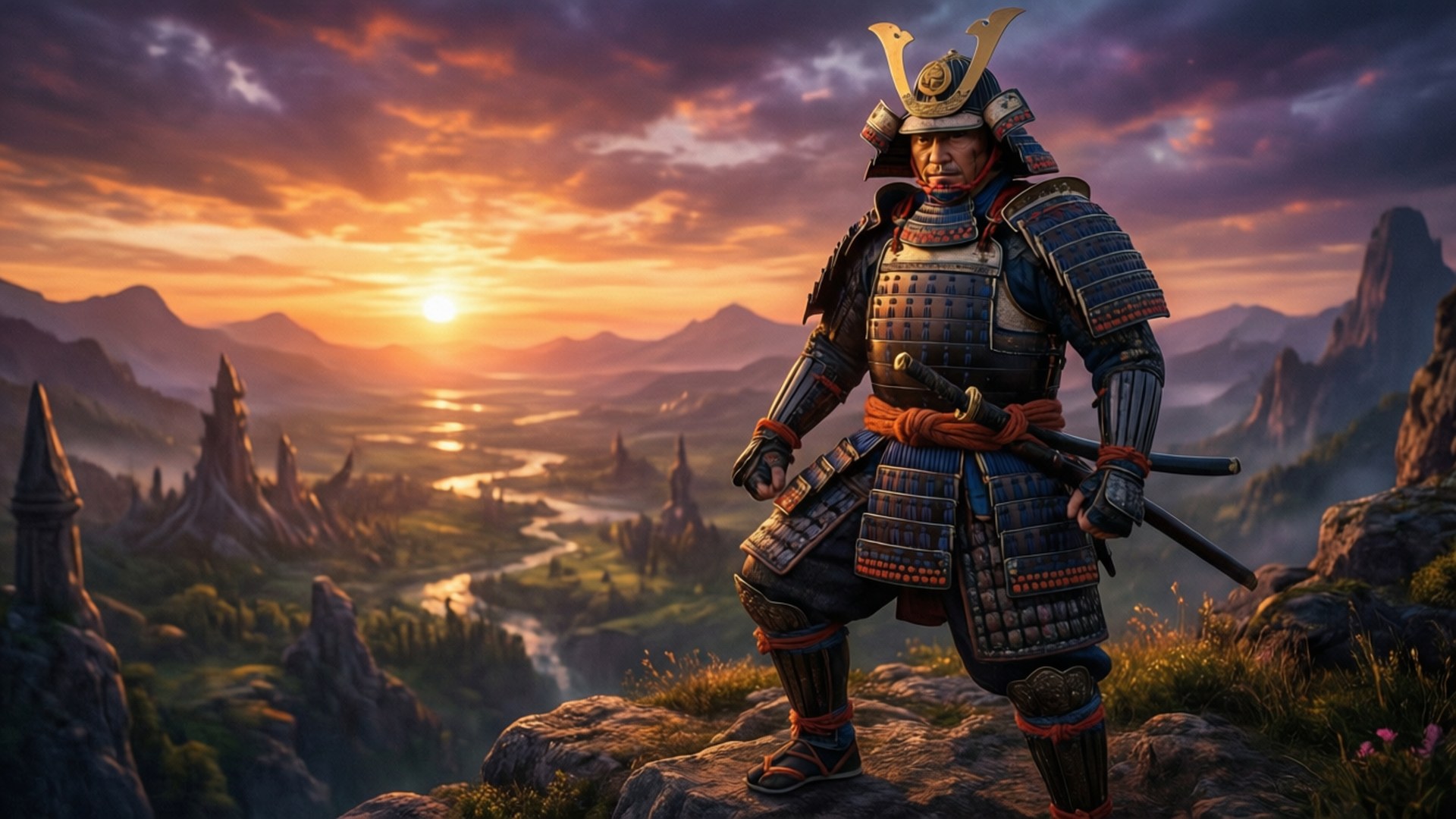 全副盔甲的武士站在峭壁上，俯瞰日落時分的山谷。
