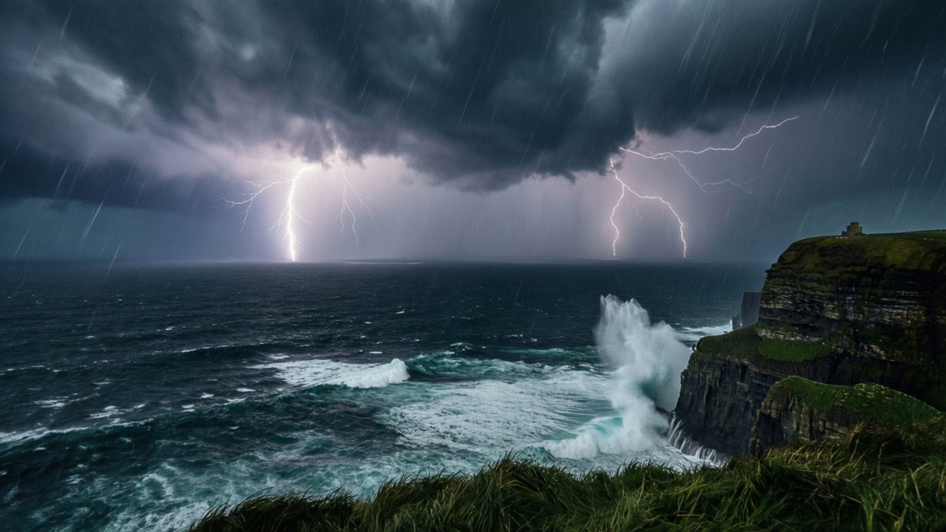 閃電擊中暴風雨的大海，撞擊長滿草的懸崖
