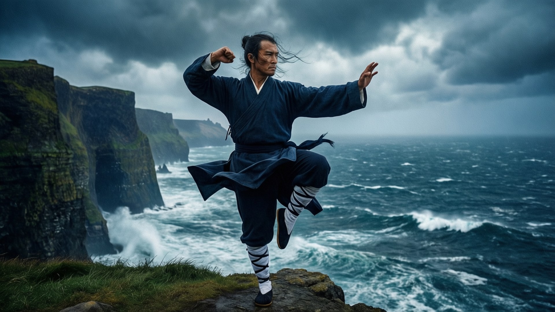 身穿深色長袍的武術家在暴風雨的海景中平衡在懸崖邊緣。