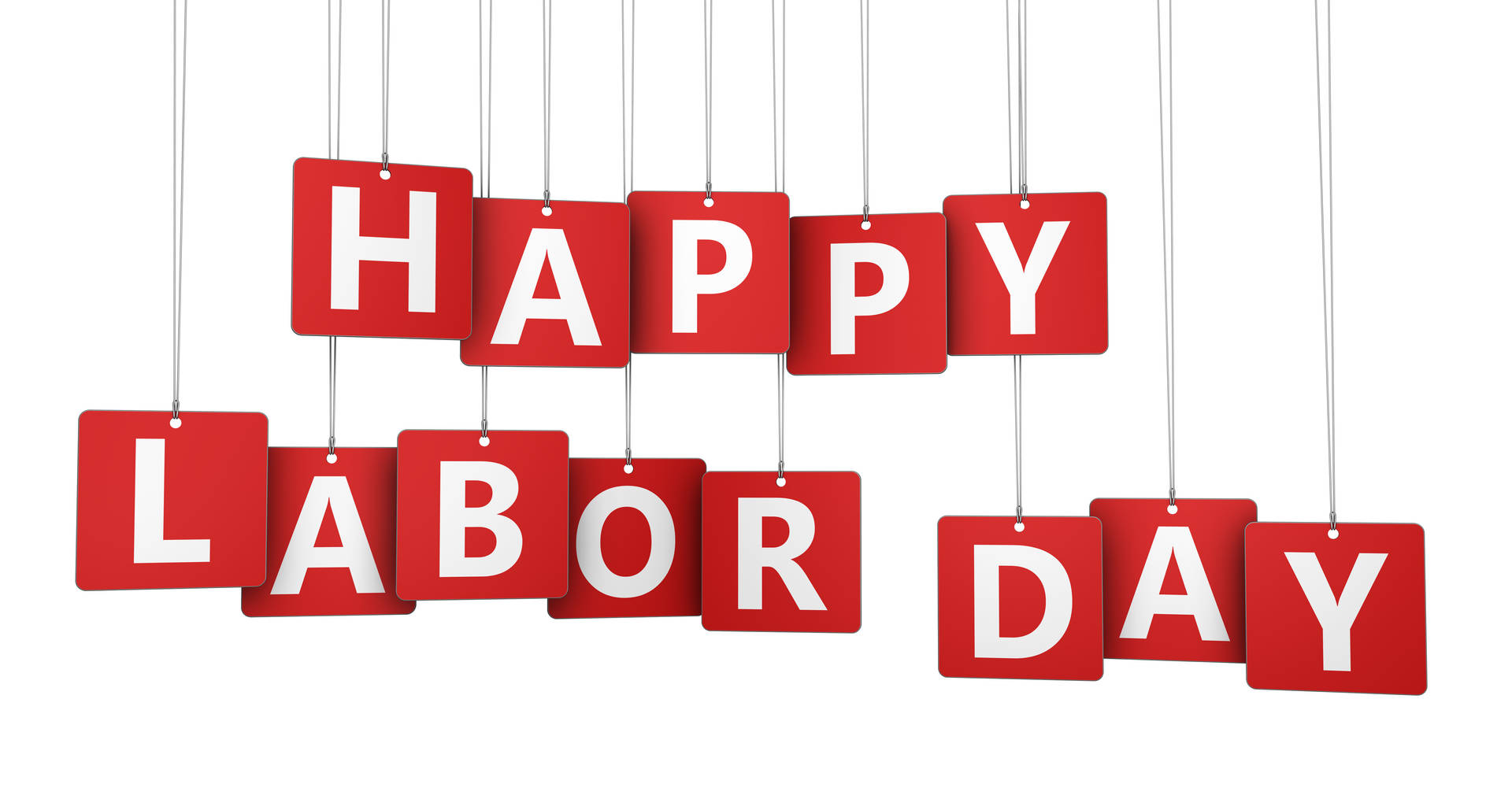 紅色懸掛標誌用粗體白色字母拼出 happy labor day。
