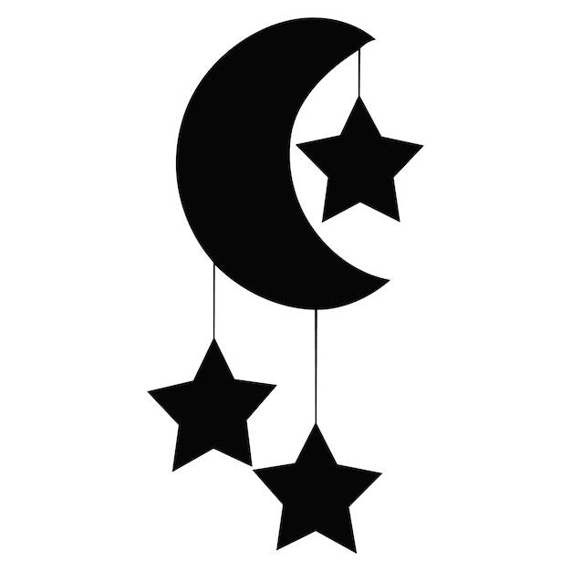 懸掛的彎月與黑星 壁紙 — 黑色新月和三顆星星以極簡輪廓懸掛在純白色背景上。