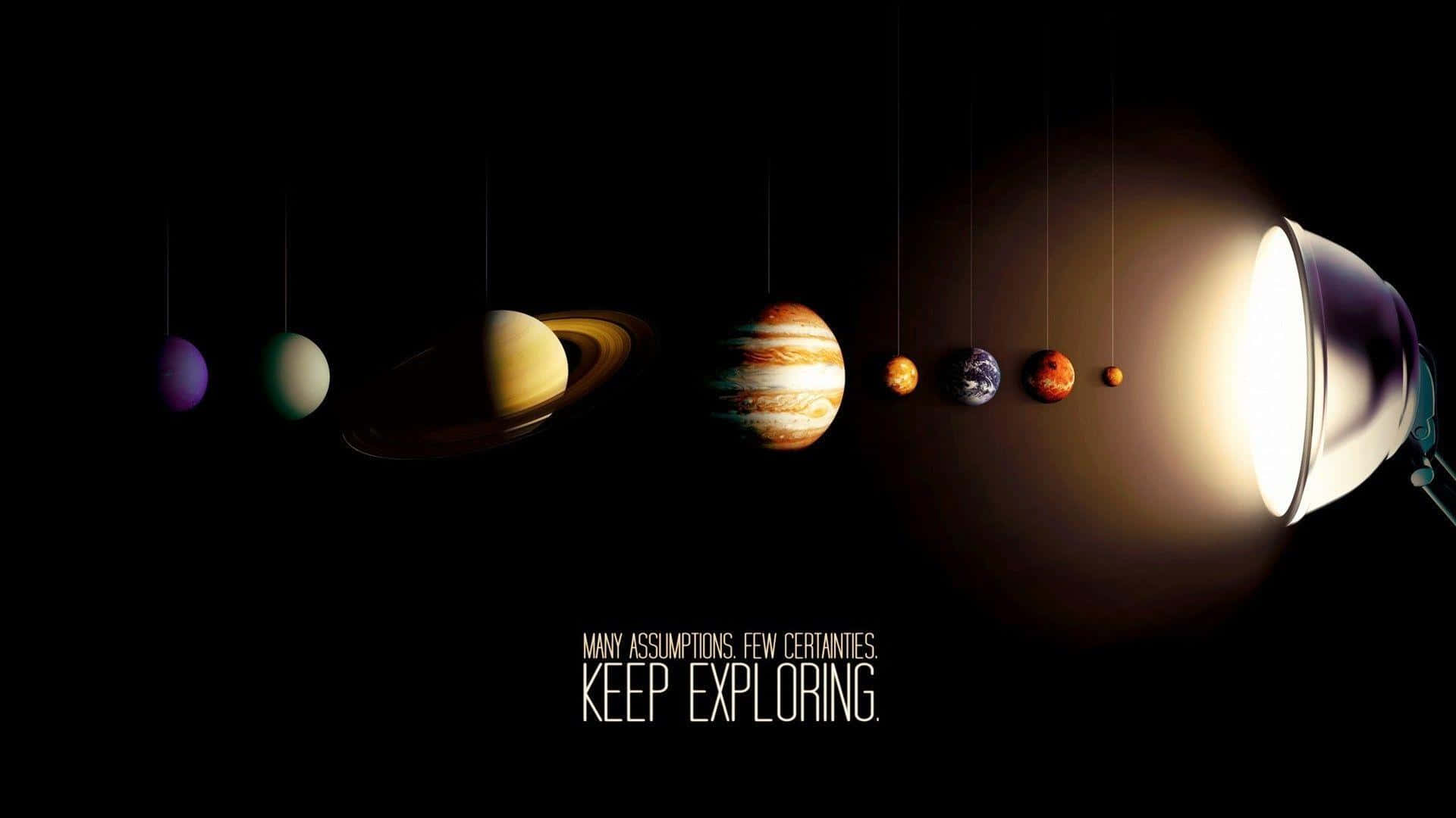 Neptune 桌布 壁紙 — 懸掛的行星在聚光燈下於黑色虛空中發光，下方有勵志文字。
