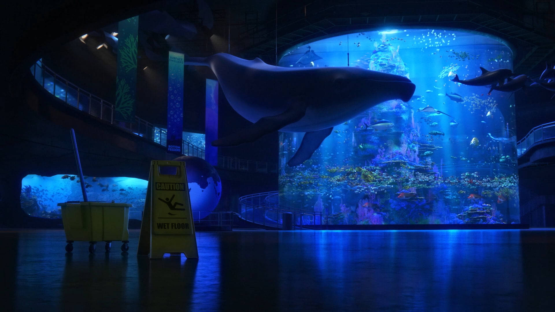 懸掛鯨魚俯瞰水族館 壁紙 — 一條巨大的鯨魚在發光的藍色水族館中滑行，而昏暗的展覽中有一個警告標誌提醒地板濕滑。