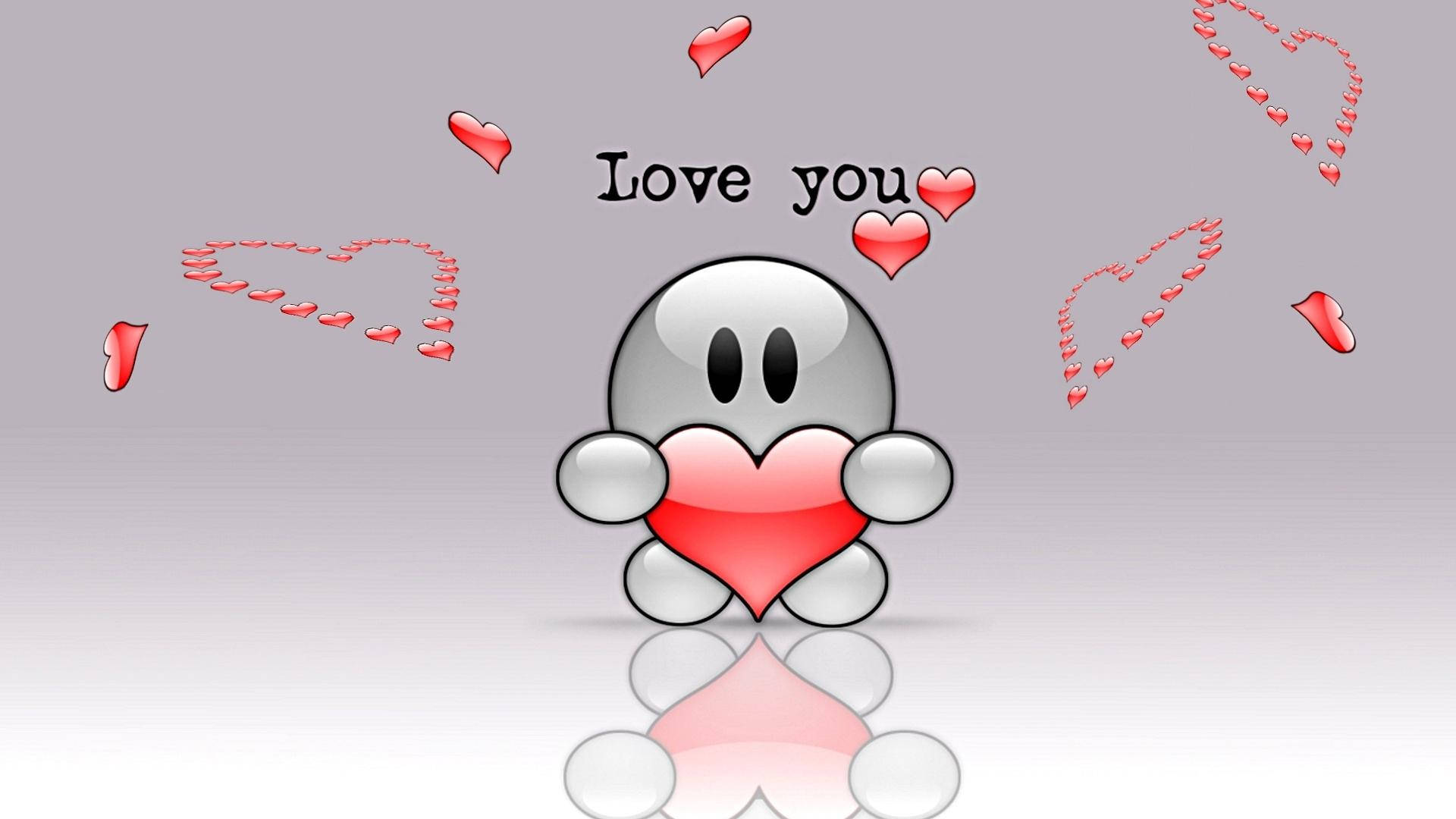 灰色卡通角色手持紅色心形，帶有漂浮心形和「Love you」文字。