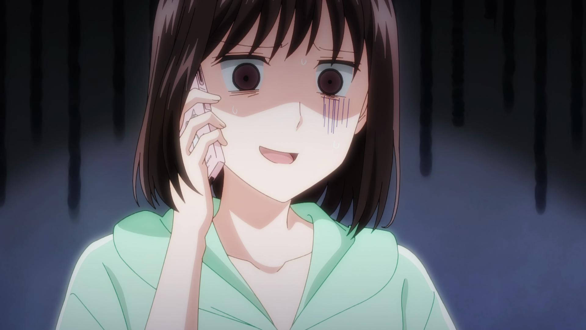 戀愛季 Ichika 焦躁 壁紙 — 一位短棕髮、臉上帶淚痕的年輕動漫女孩，在深色背景中微笑著將手機貼在耳邊。