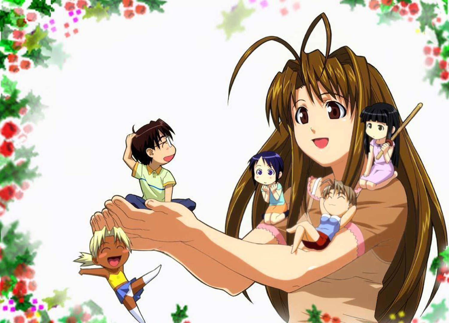 戀愛小戰士 Q版藝術 壁紙 — 一個開朗的動漫女孩，長長嘅棕色頭髮，喺花卉邊框前用佢嘅手臂同手抱住細路仔。