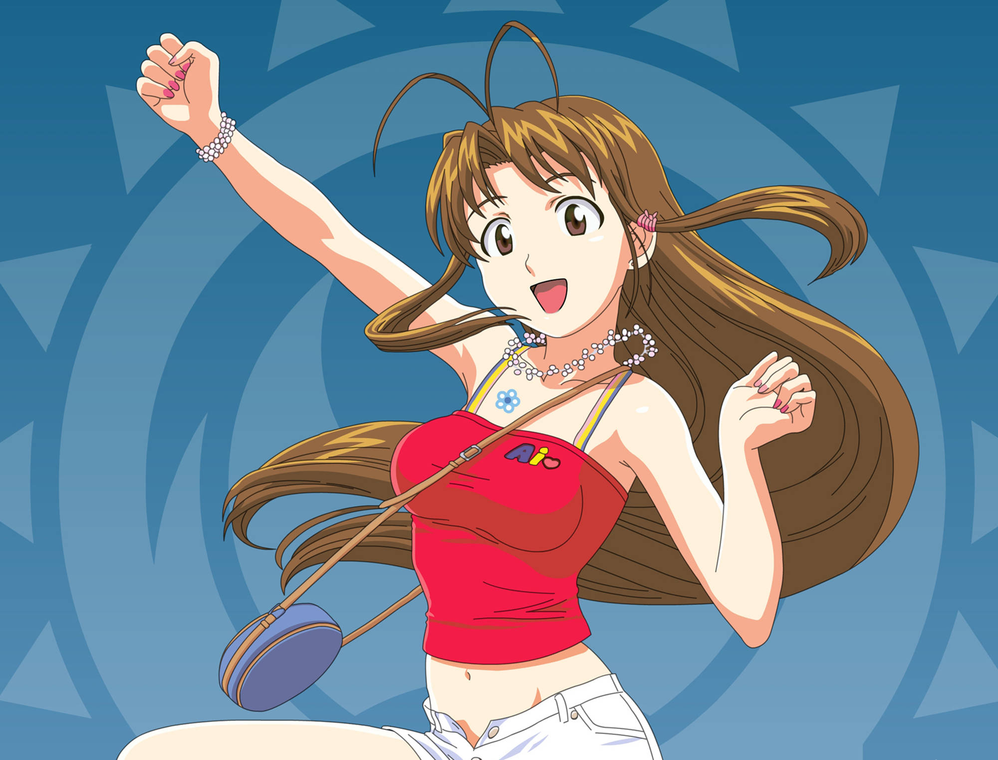 戀愛小戰士 愛笑的成瀨 納魯 壁紙 — 長棕髮動漫女孩，身穿紅色上衣和白色短褲，在藍色幾何背景前快樂地跳舞。