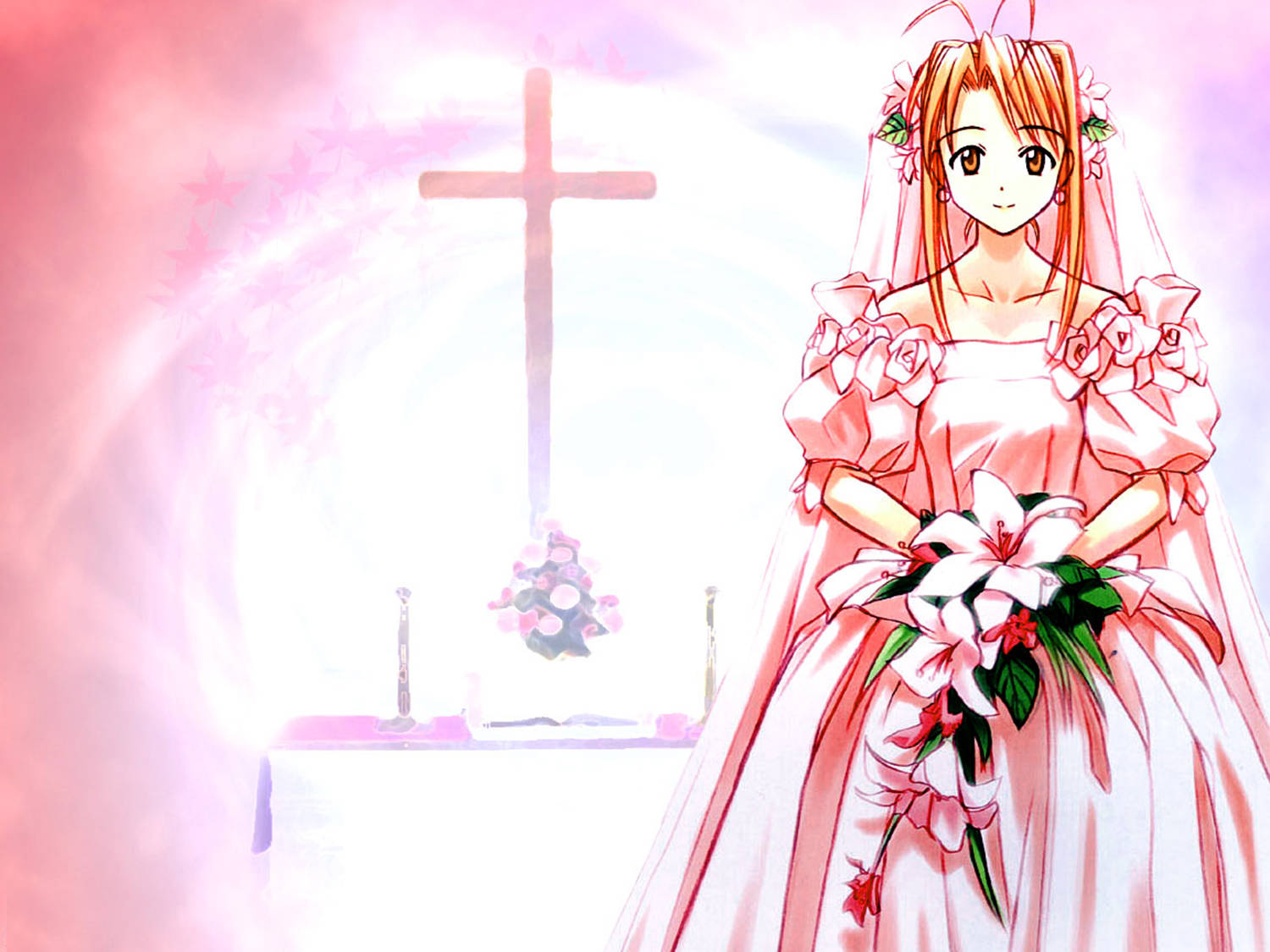 《戀愛小戰士》鳴子的婚紗造型 壁紙 — 一位年輕的動漫新娘穿著粉紅色花卉禮服，在柔和粉紅色調的教堂裡，在發光的十字架前捧著百合花。