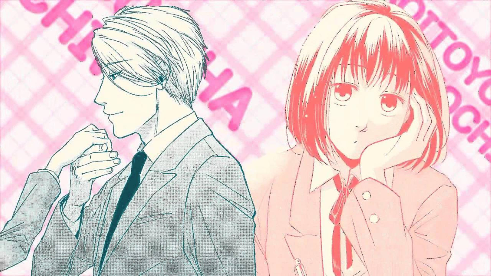 《戀愛小魔女》主角情侶 壁紙 — 一對漫畫風格嘅動漫情侶穿著校服，喺粉紅色格仔背景前擺姿勢，並有粗體文字。