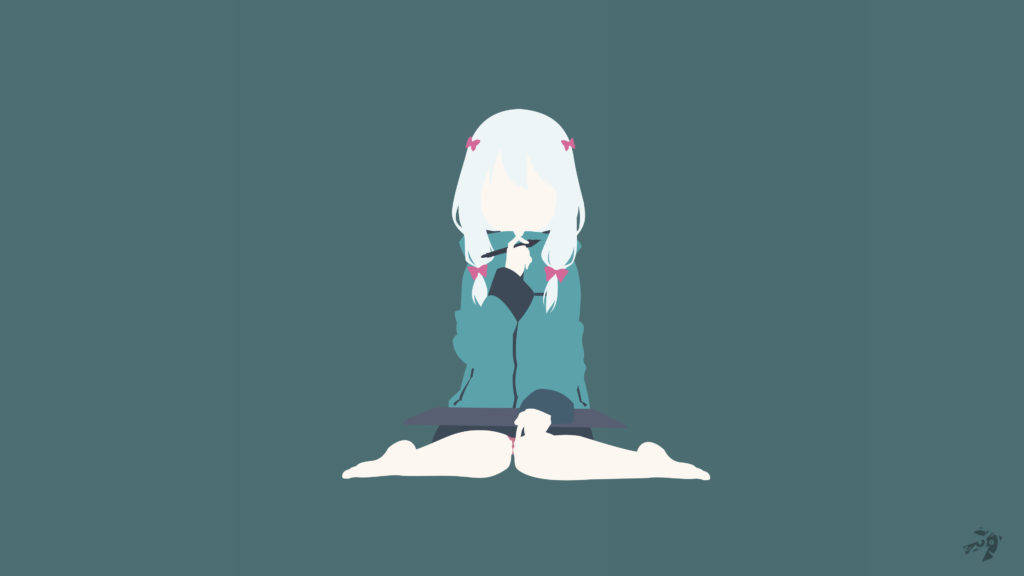 《戀愛研究所》石井紗里極簡動漫 壁紙 — 一位極簡風格的動漫女孩，白髮上繫著粉紅色蝴蝶結，盤腿坐在青綠色背景上，雙手合十靠近臉龐。