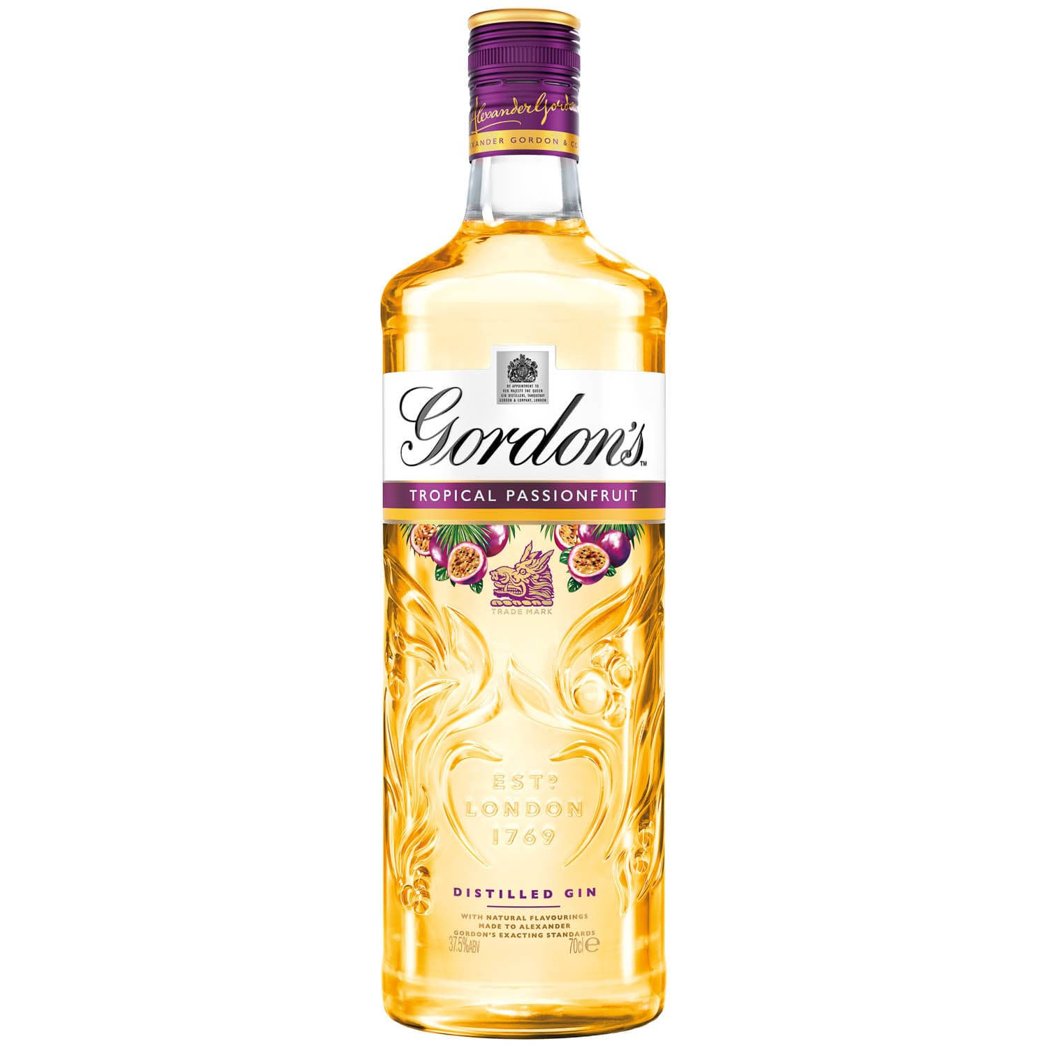 Gordon's Tropical Passionfruit氈酒瓶，金色液體和水果設計。