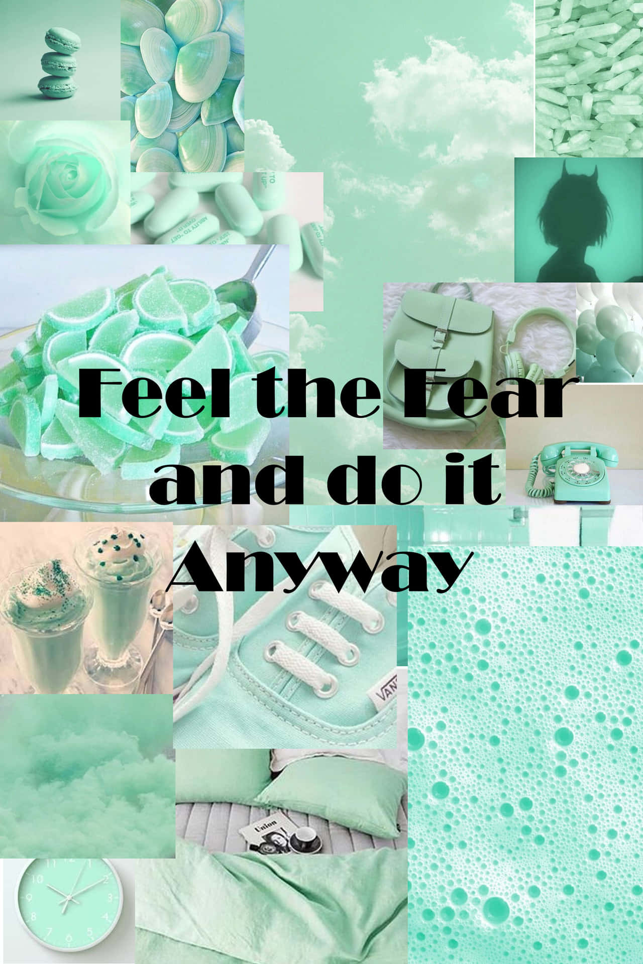 薄荷綠色拼貼畫，包含各種物品和短語「Feel the Fear and do it Anyway」。