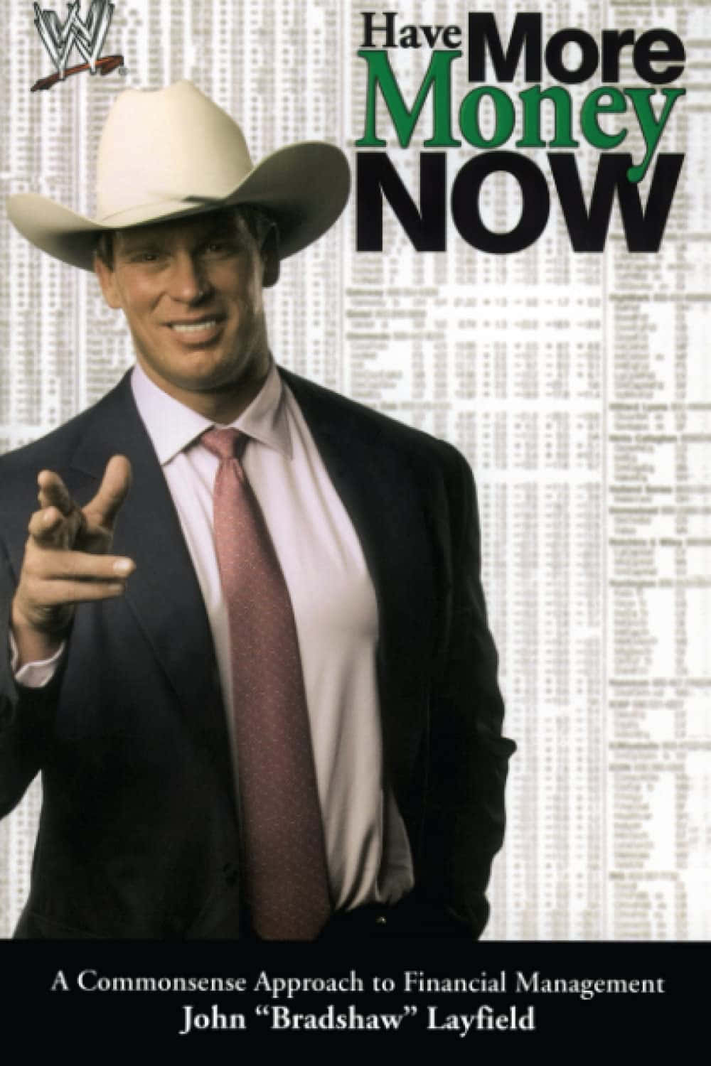 成功企業家兼職業摔角手約翰·布拉德肖·萊夫利 壁紙 — WWE摔角手John Bradshaw Layfield戴著牛仔帽、穿著西裝，自信地指向財務圖表背景，上面有粗體字寫著「Have More Money NOW」。