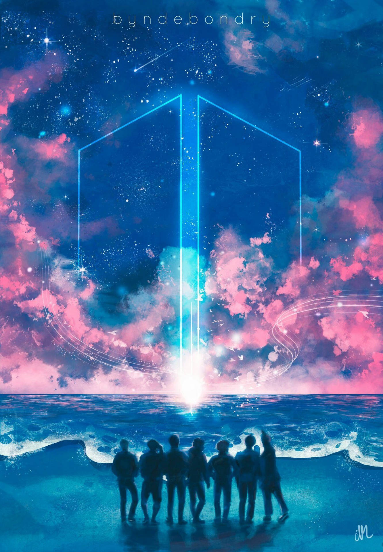 一群人在星空下觀看發光的傳送門在海洋上空打開。