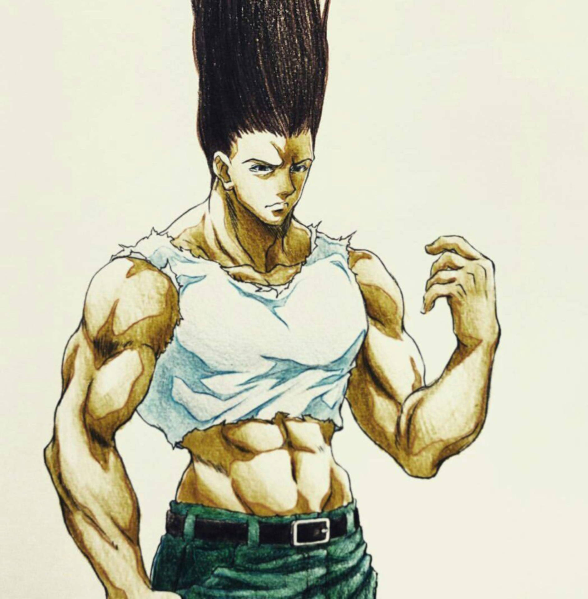 留著尖刺莫霍克頭的動漫男性角色，穿著破洞背心展示肌肉。