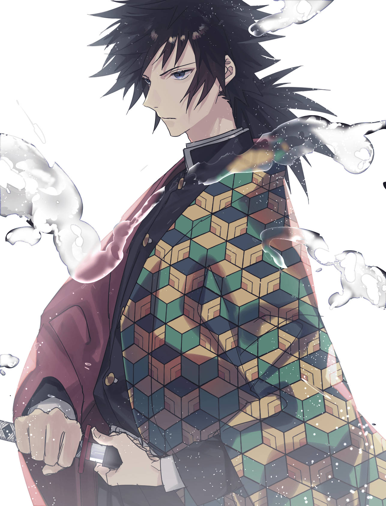 成年時透無一郎 壁紙 — 動漫角色，黑色尖刺頭髮，穿著幾何圖案和服，被旋轉的煙霧包圍，背景為白色。