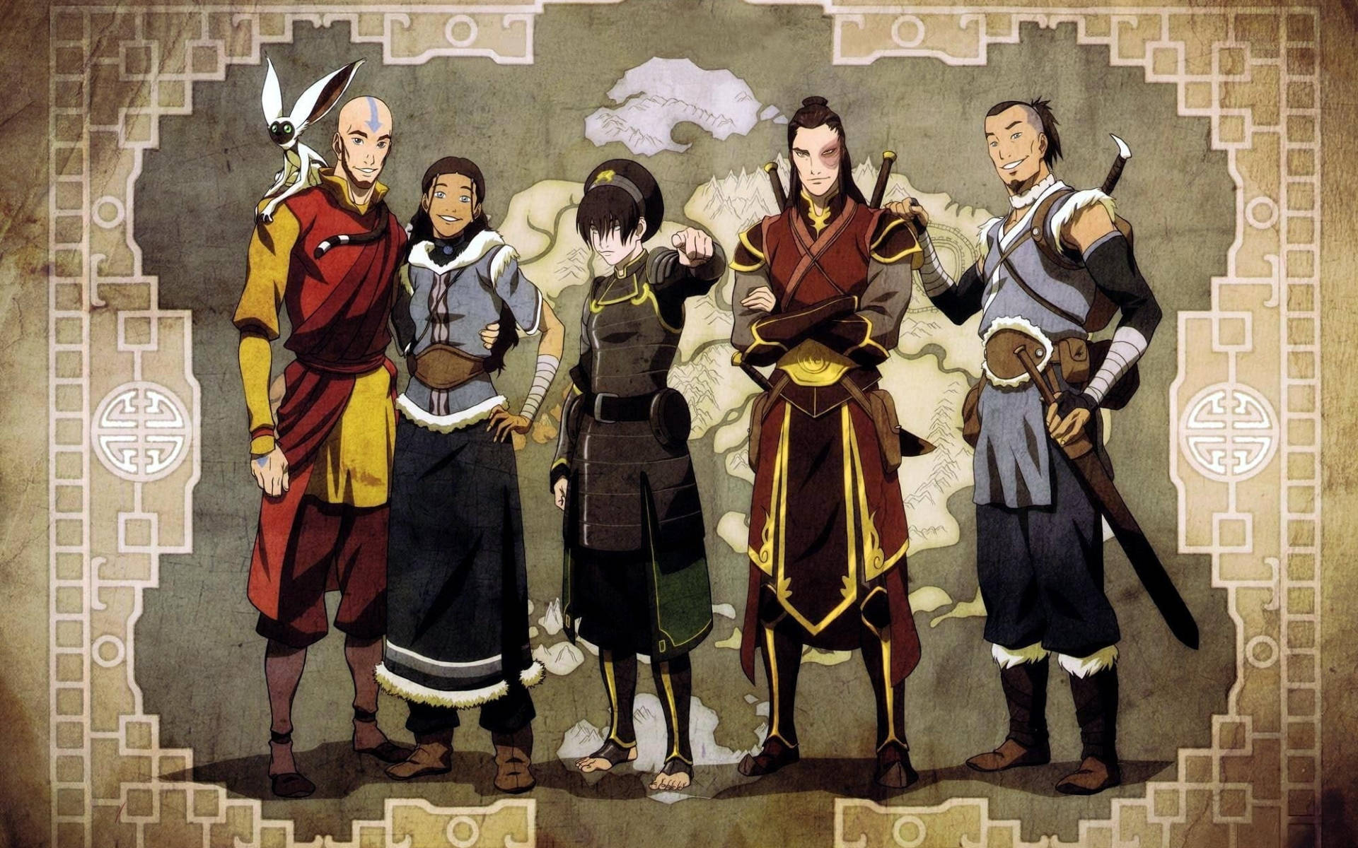 成年祖科 壁紙 — 五個穿著傳統服飾的動畫角色自信地站在一幅由華麗邊框框著的地圖前。