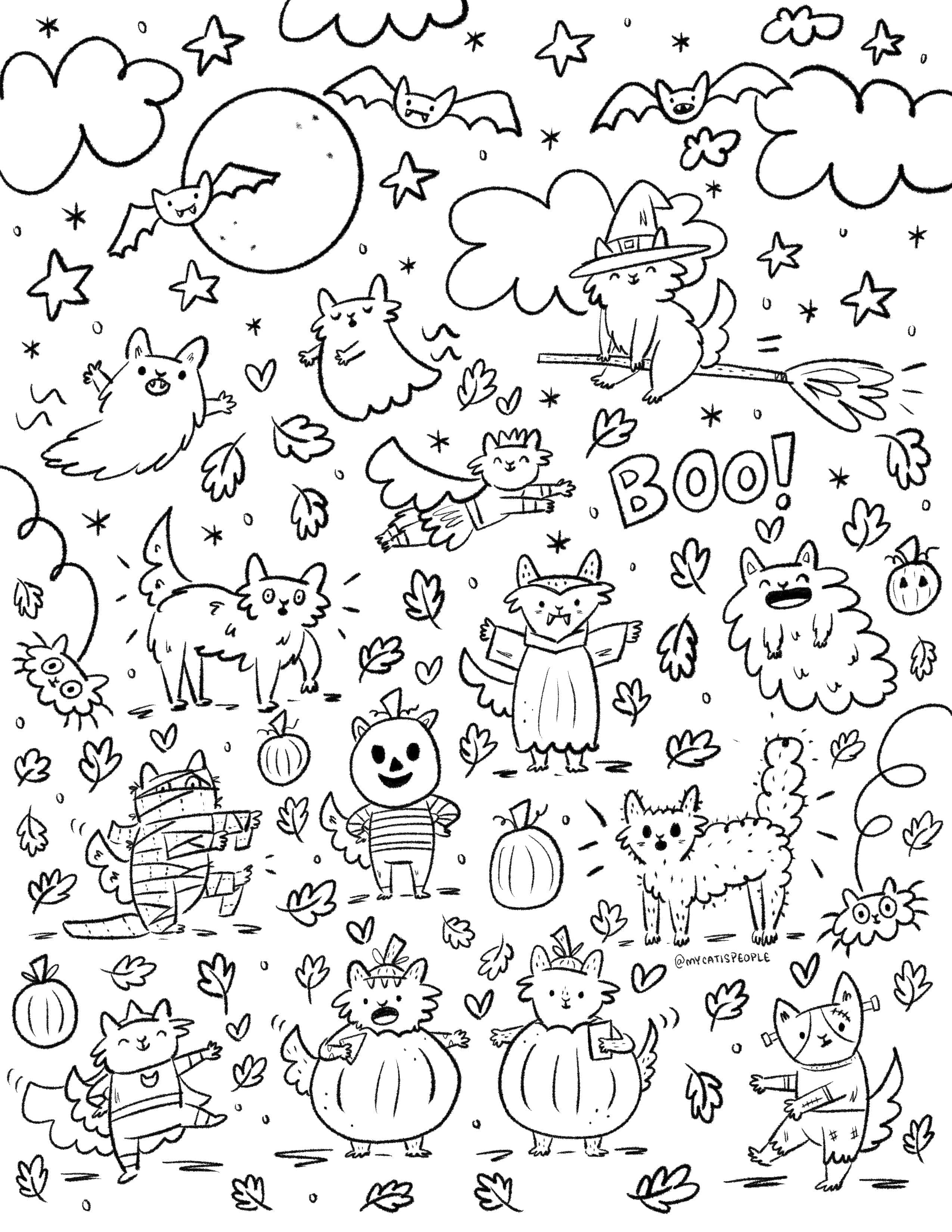 成年風格貓咪填色圖 壁紙 — 一幅異想天開的黑白線條畫，描繪穿著萬聖節服裝的可愛貓咪在星星、蝙蝠和南瓜之間飛翔和擺姿勢。